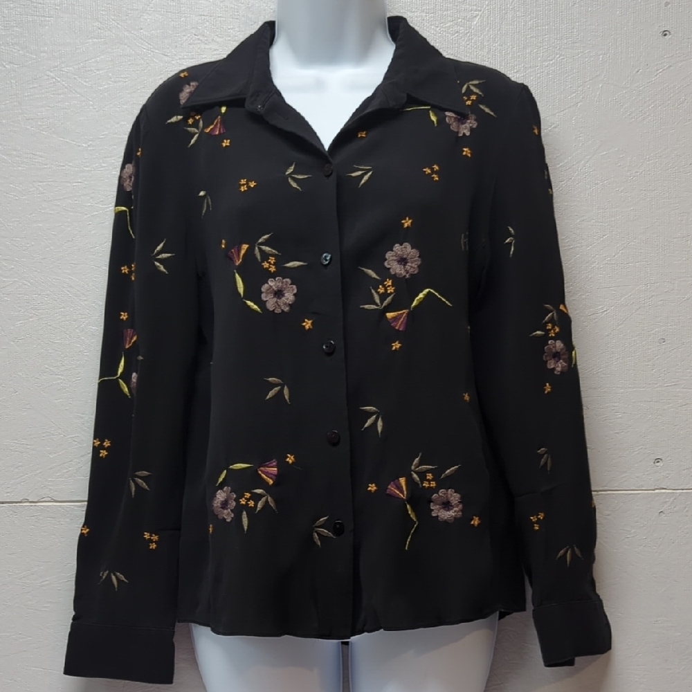 Blue Ice 100% Silk Blouse with Floral Embroider